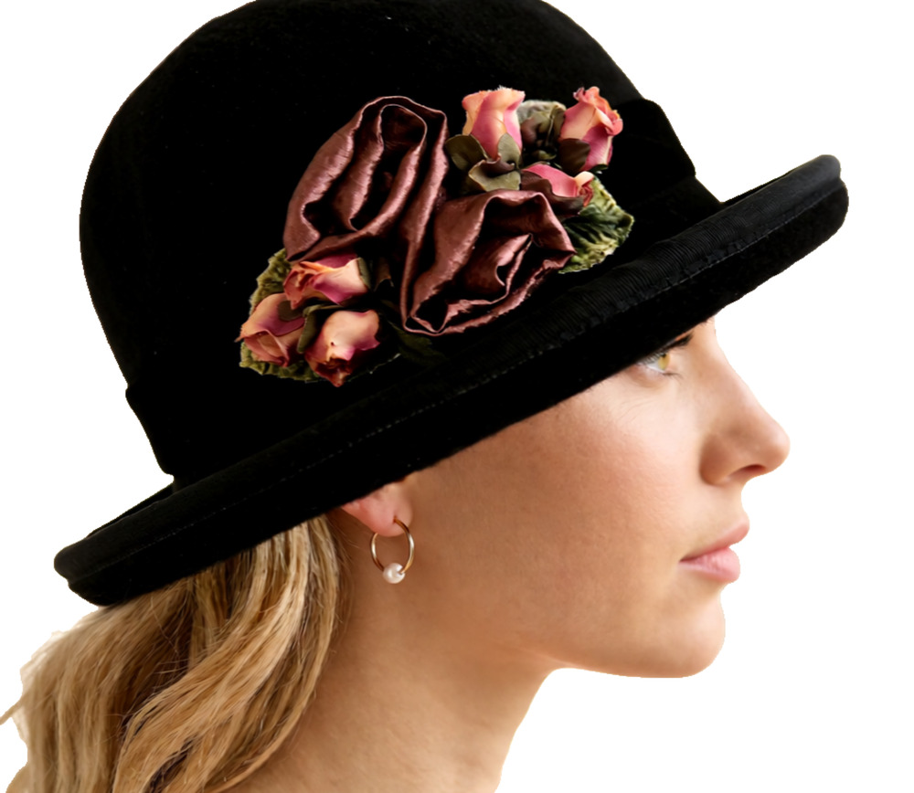 Toucan Collection Vintage Black Wool Felt Hat Black Velvet Flowers Cloche boho